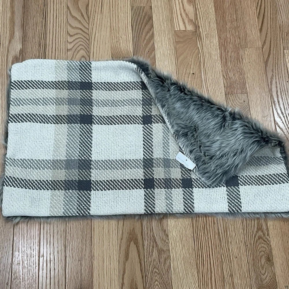 NWT Pottery Barn Throw Pillow Cover Nottingham Plaid Faux Fur Back Lumbar Decor